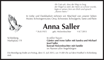 Traueranzeige von Anna Saller von Pegnitz-Zeitung